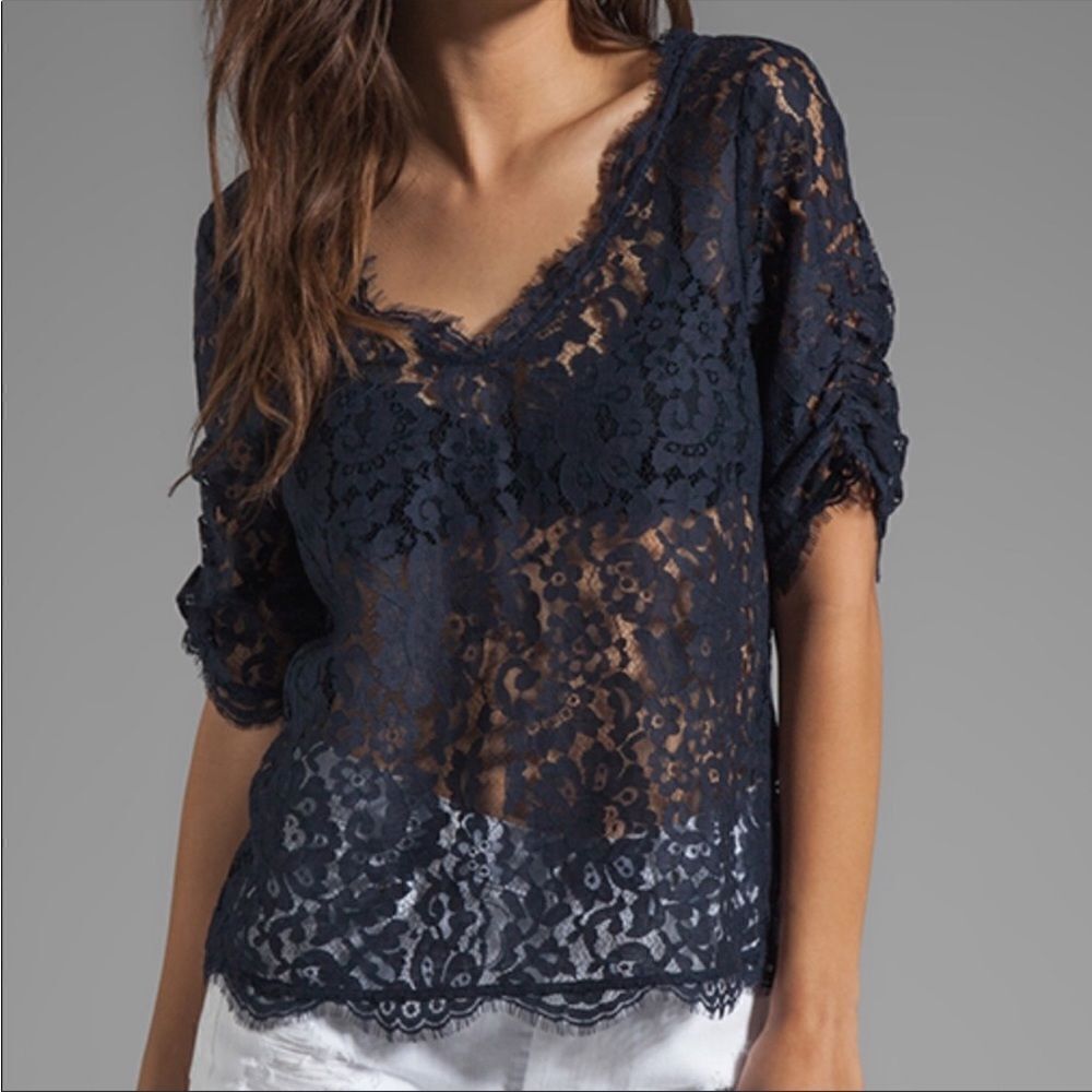 Joie Size Small Navy Blue Floral Lace Nevina Ruched Sleeve Blouse Top